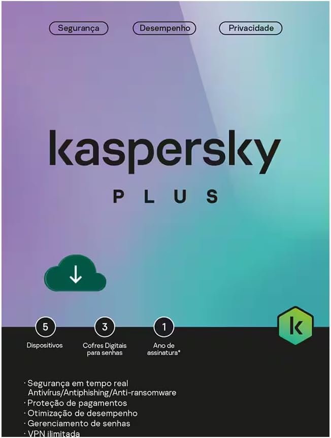 Kaspersky Antivirus Plus BR; 3 Dispositivos; 2 Contas KPM; 1 Ano ESD